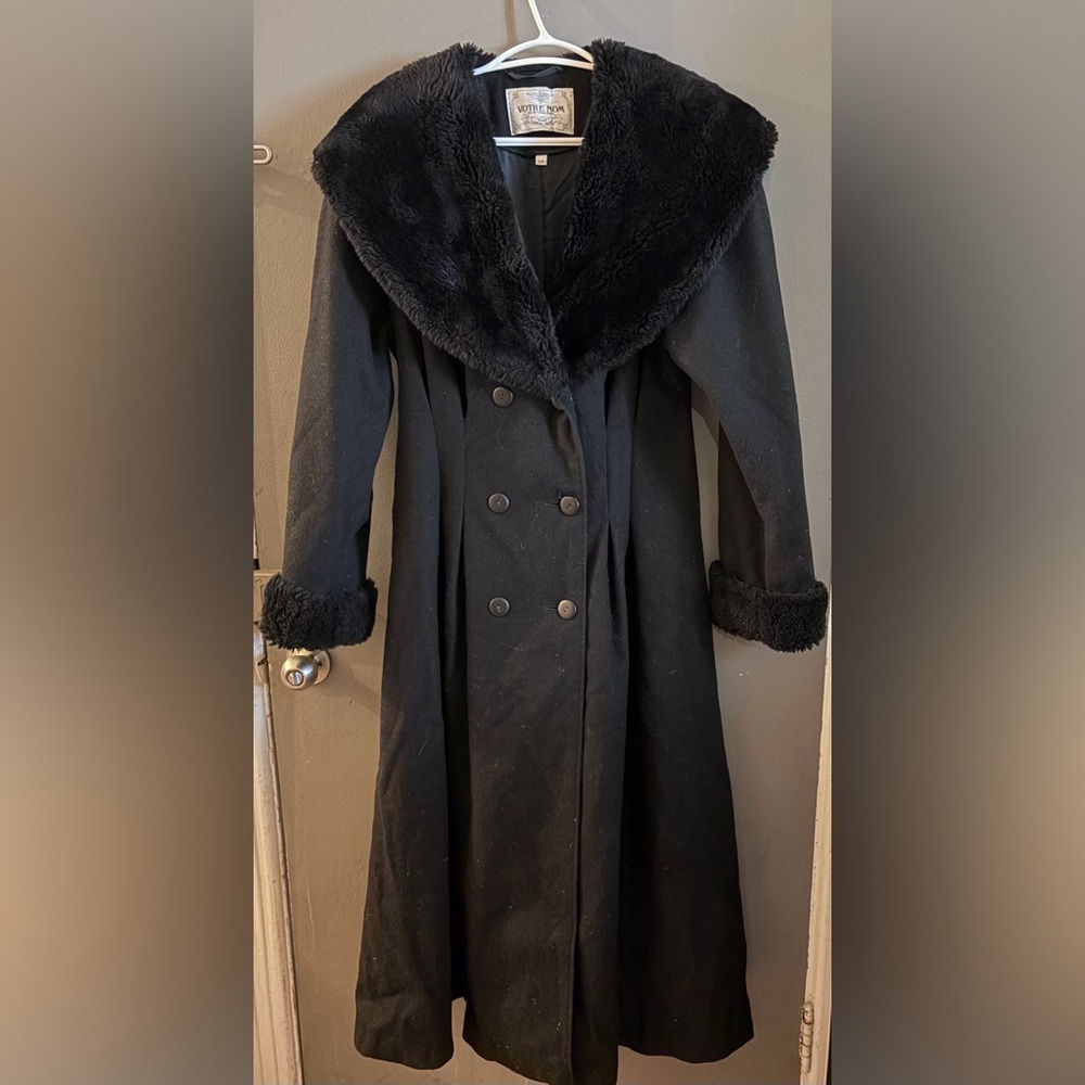 Votre Nom Black Faux Fur 100%‎ wool full Lenght penny lane coat